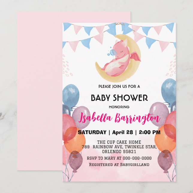 Cute baby dragon dinosaur balloon girl baby shower invitation (Front/Back)