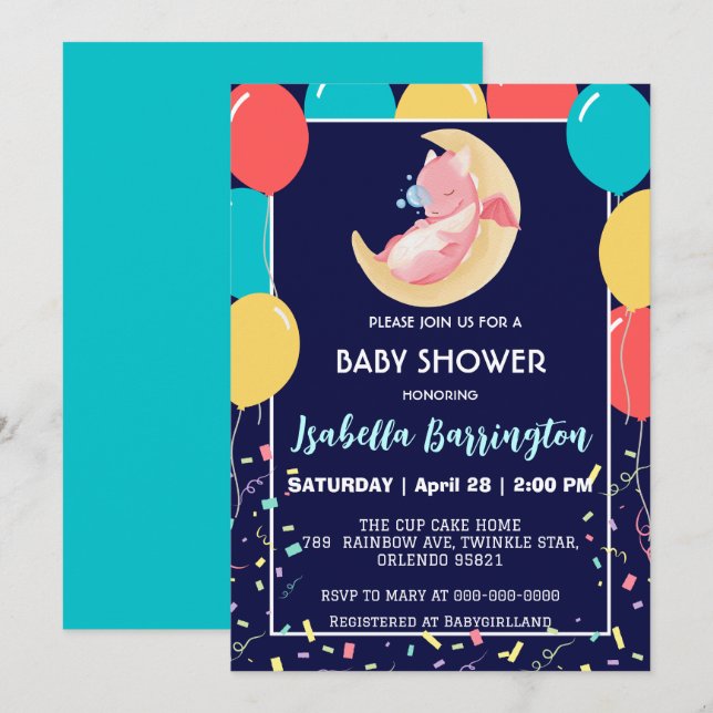 Cute baby dragon dinosaur balloon girl baby shower invitation (Front/Back)