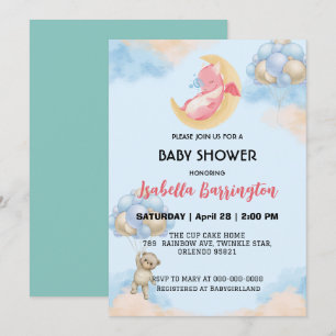 Cute baby dragon dinosaur Bear Balloon baby shower Invitation