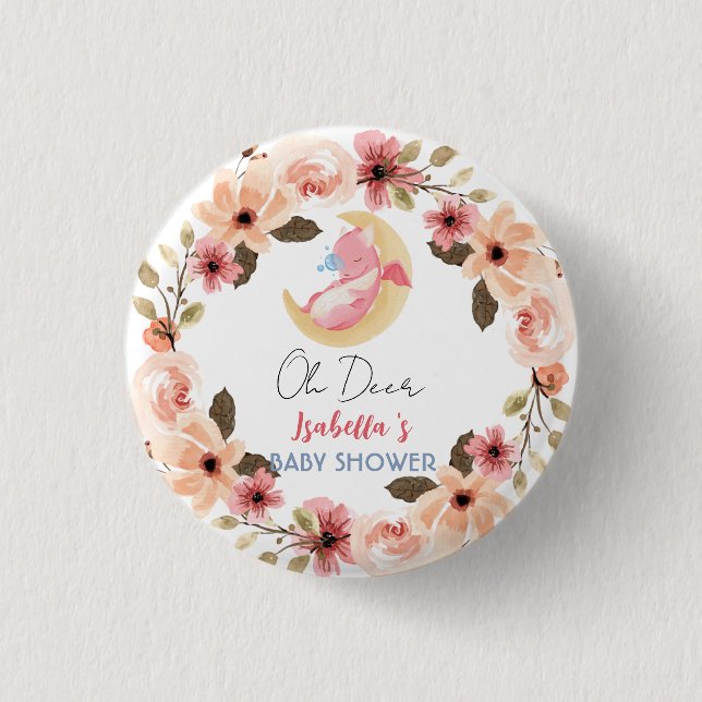 Cute baby dragon dinosaur wildflower baby shower button (Front)