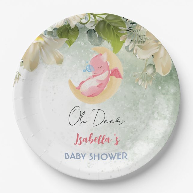 Cute baby dragon dinosaur wildflower baby shower paper plates (Front)