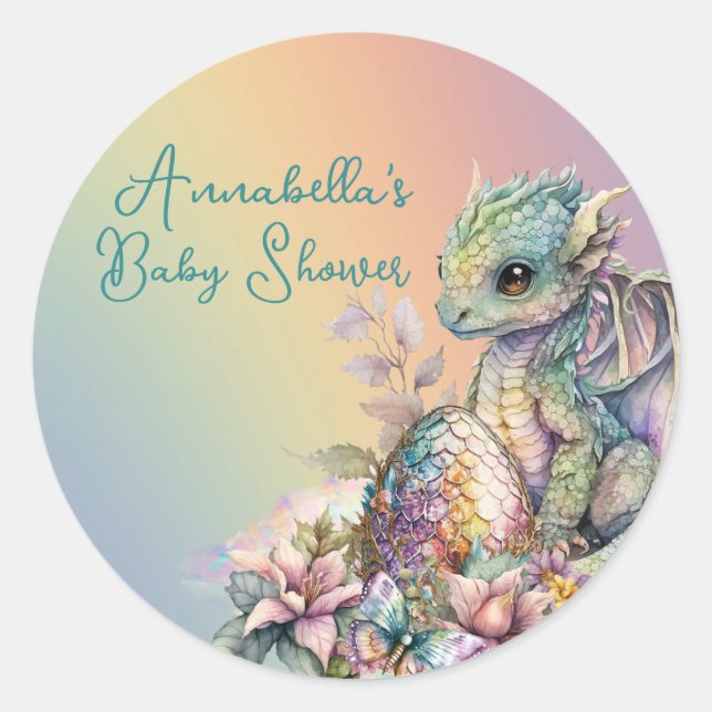 Cute Baby Dragon Egg on Rainbow Classic Round Sticker (Front)