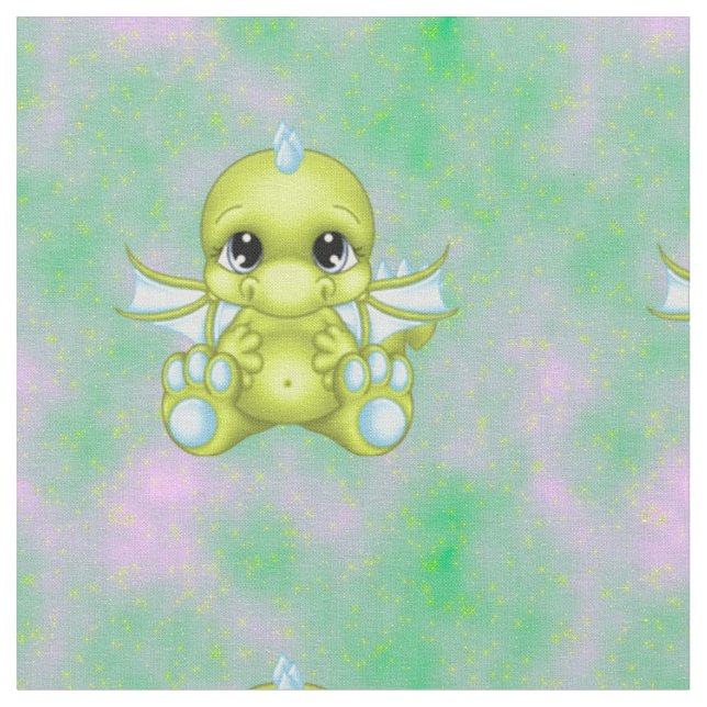 Cute Baby Dragon Green & Blue Fabric (Close Up)