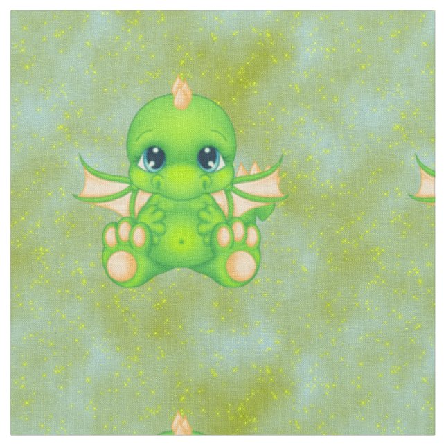 Cute Baby Dragon Green & Orange Fabric (Close Up)