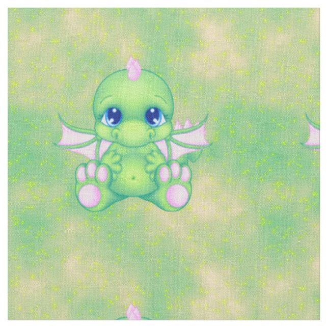Cute Baby Dragon Green & Pink Fabric (Close Up)