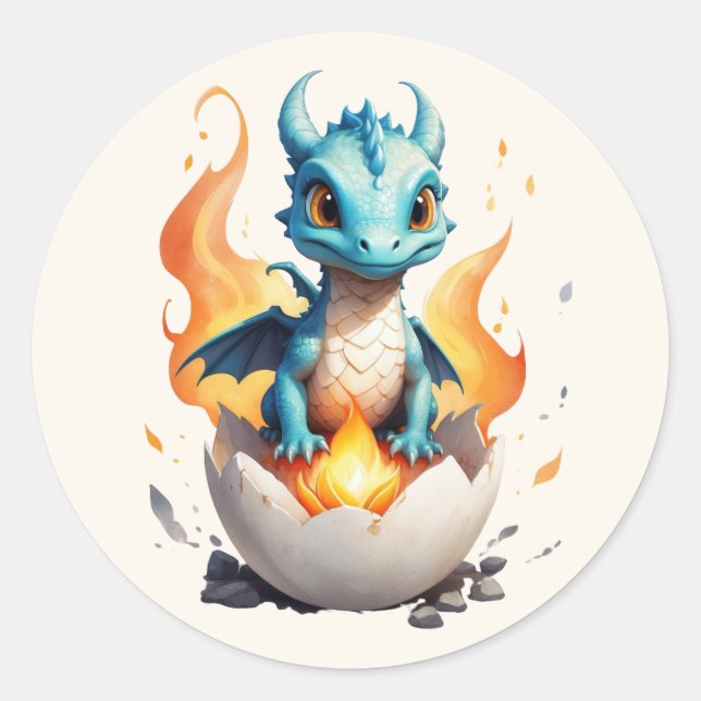 Cute Baby Dragon Hatching Classic Round Sticker (Front)