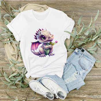 Cute Baby Dragon Holding A Rose Graphic T-shirt by PaintedDreamsDesigns at Zazzle