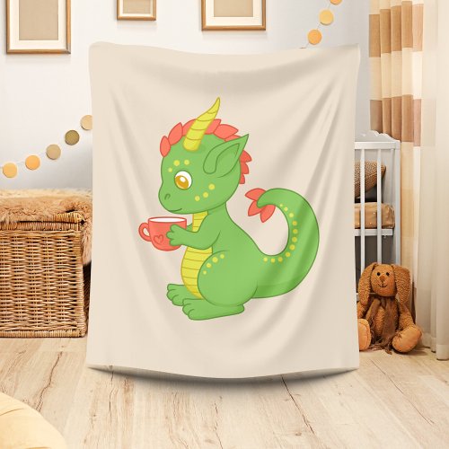 Cute Baby Dragon Holding Cup Beige Fleece Blanket