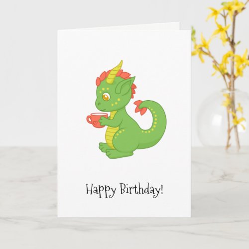 Cute Baby Dragon Holding Cup Birthday Card