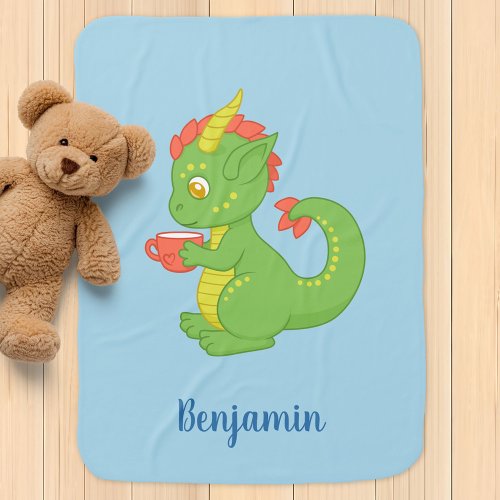 Cute Baby Dragon Holding Cup Blue Baby Blanket