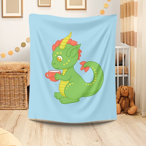 Cute Baby Dragon Holding Cup Blue Fleece Blanket