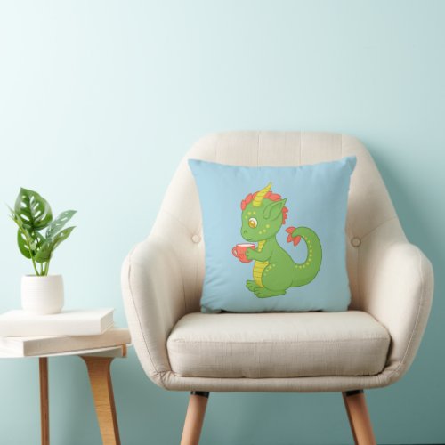 Cute Baby Dragon Holding Cup Blue Throw Pillow