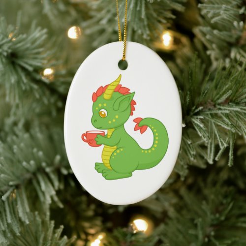 Cute Baby Dragon Holding Cup Ceramic Ornament