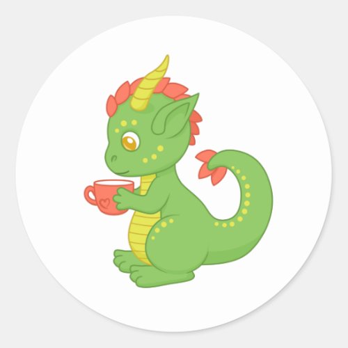 Cute Baby Dragon Holding Cup Classic Round Sticker