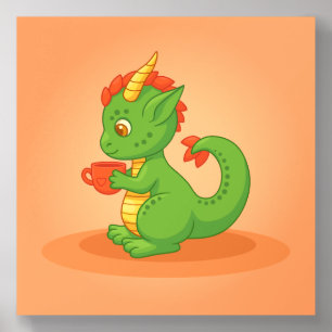 Cute Baby Dragon Holding Cup on Orange Acrylic Photo Tile