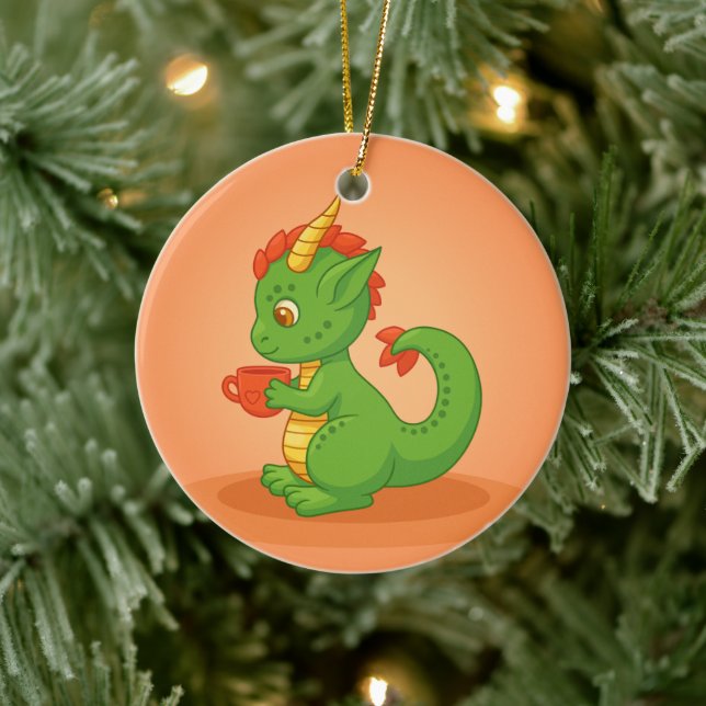 Cute Baby Dragon Holding Cup on Orange Ceramic Ornament (Tree)