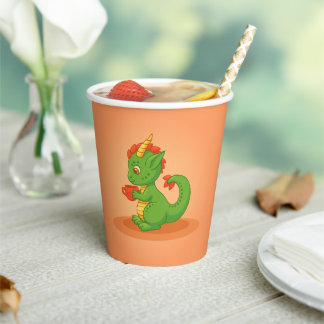 Cute Baby Dragon Holding Cup on Orange Paper Cups