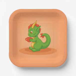 Cute Baby Dragon Holding Cup on Orange Paper Plates