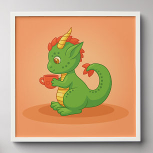 Cute Baby Dragon Holding Cup on Orange Peel And Stick Photo Tile