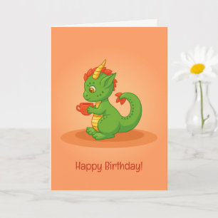 Cute Baby Dragon Holding Cup Orange Birthday Card