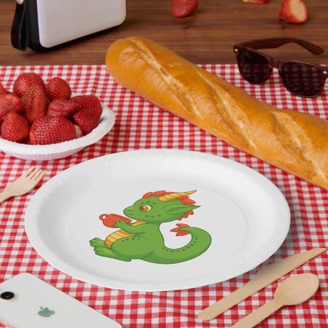 Cute Baby Dragon Holding Cup Paper Plates (Picnic)
