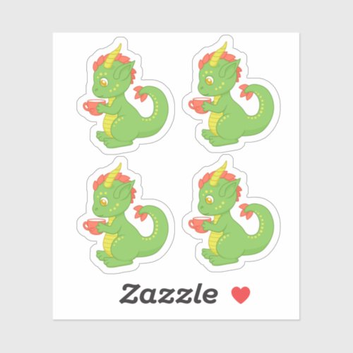 Cute Baby Dragon Holding Cup Set of 4 Sticker