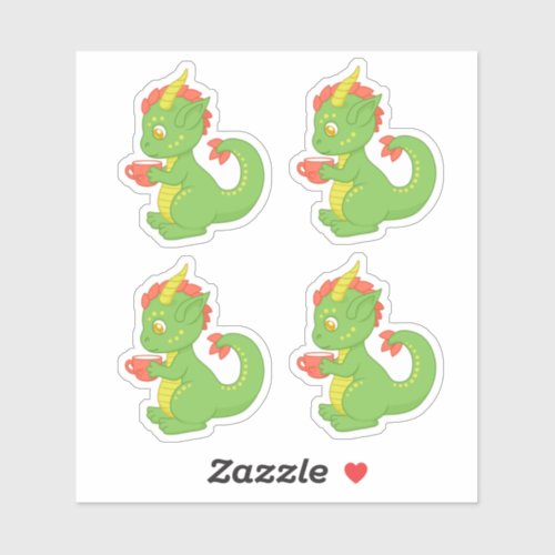 Cute Baby Dragon Holding Cup Set of 4 Sticker