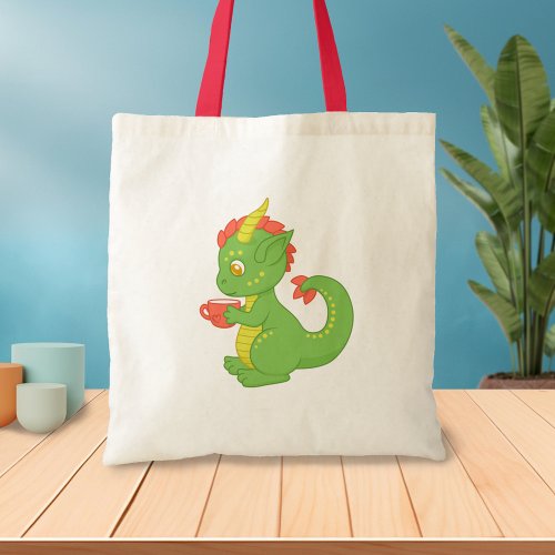 Cute Baby Dragon Holding Cup Tote Bag