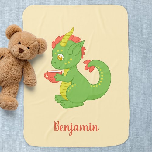 Cute Baby Dragon Holding Cup Yellow Baby Blanket