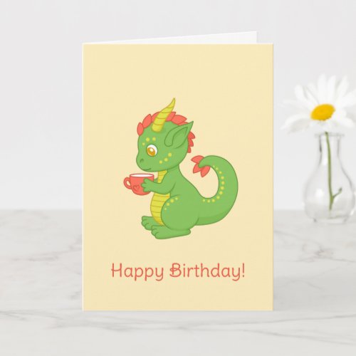 Cute Baby Dragon Holding Cup Yellow Birthday Card