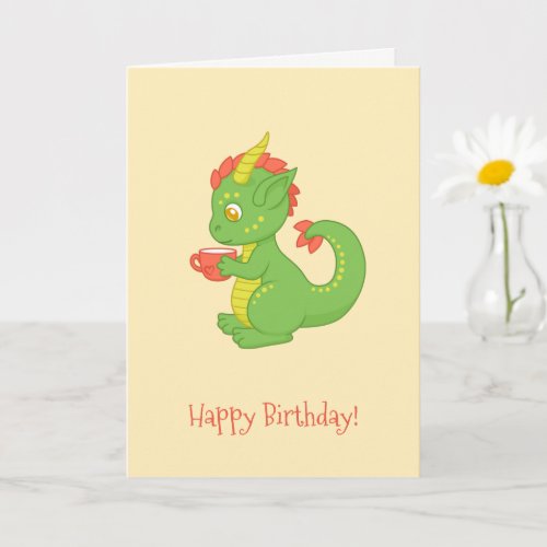 Cute Baby Dragon Holding Cup Yellow Birthday Card