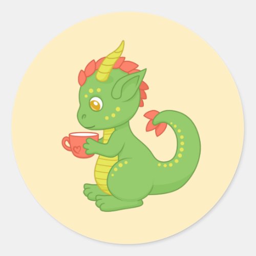 Cute Baby Dragon Holding Cup Yellow Classic Round Sticker