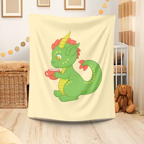 Cute Baby Dragon Holding Cup Yellow Fleece Blanket