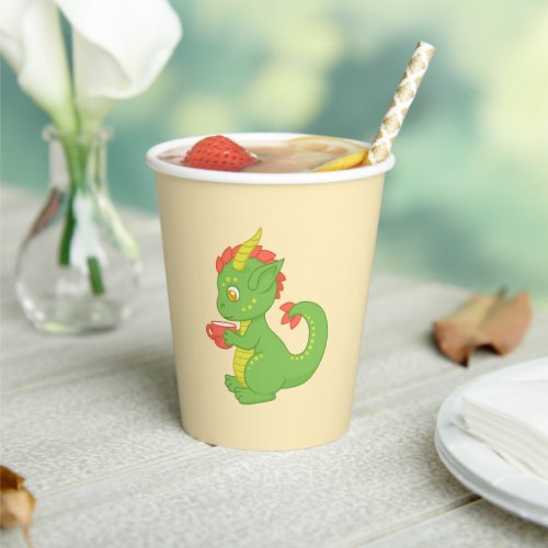 Cute Baby Dragon Holding Cup Yellow Paper Cups