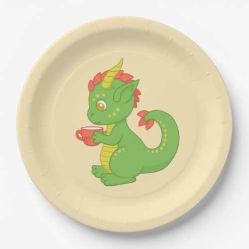 Cute Baby Dragon Holding Cup Yellow Paper Plates