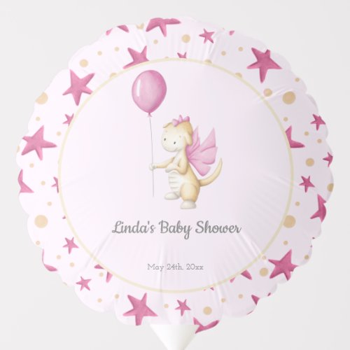 Cute Baby Dragon Illustration Pink Baby Shower Balloon