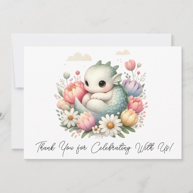 Cute Baby Dragon In A Bed Of Flowers Thank You (Front)