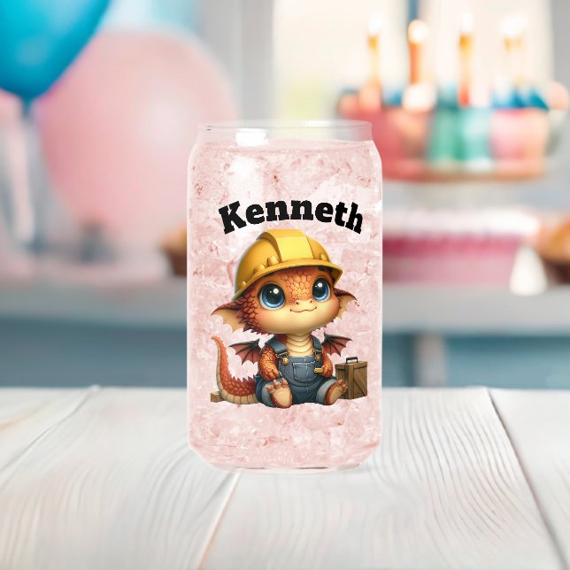 Cute baby dragon in a hard hat playing with tools can glass (Insitu (Baby Shower))