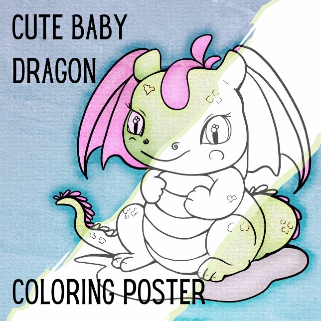 Cute Baby Dragon Large Coloring Page Poster (Cute Baby Dragon Coloring Poster. A Large Coloring Page experience hand illustrated by Suzy LeeLo.)