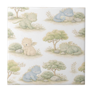 Cute Baby Dragon Pastel Woodland Pattern (1) Ceramic Tile