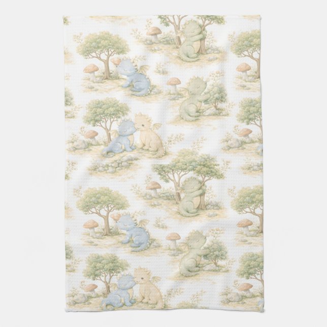 Cute Baby Dragon Pastel Woodland Pattern (2) Kitchen Towel (Vertical)