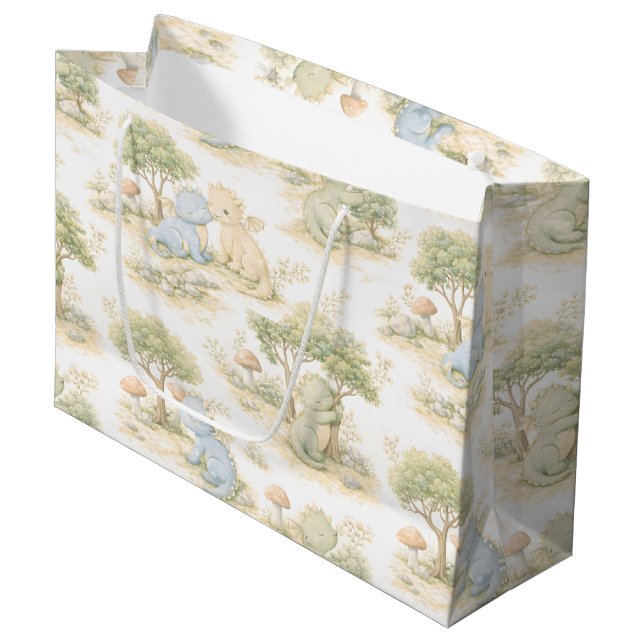 Cute Baby Dragon Pastel Woodland Pattern (2) Large Gift Bag (Front Angled)
