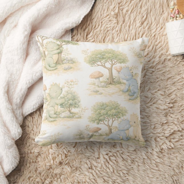 Cute Baby Dragon Pastel Woodland Pattern (2) Throw Pillow (Blanket)
