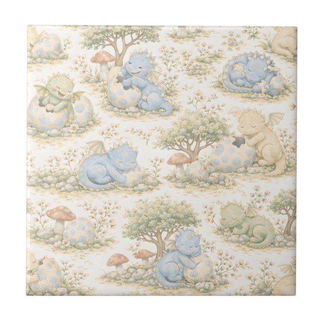 Cute Baby Dragon Pastel Woodland Pattern (3) Ceramic Tile (Front)