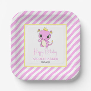 Cute Baby Dragon Pink Stripes Birthday Paper Plates