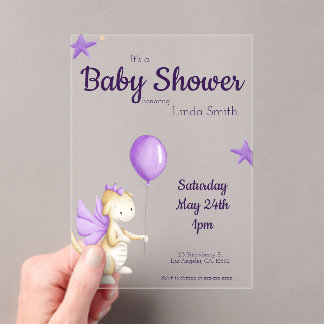 Cute Baby Dragon Purple Girl Baby Shower Acrylic Invitations