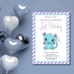 Cute Baby Dragon Purple Stripes 1st Birthday Invitation