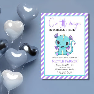 Cute Baby Dragon Purple Stripes Birthday Invitation