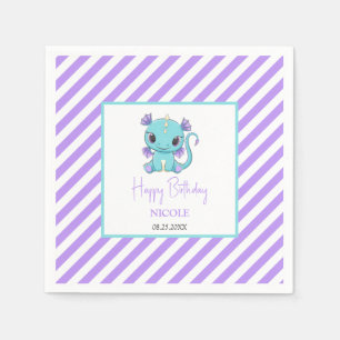Cute Baby Dragon Purple Stripes Birthday Napkins