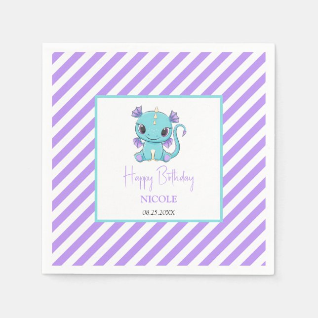 Cute Baby Dragon Purple Stripes Birthday Napkins (Front)
